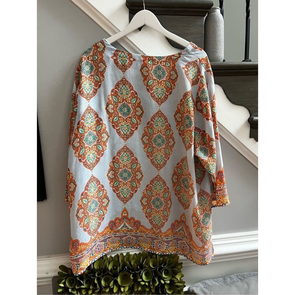 Cynthia Rowley Light Blue & Orange Indian Print Tunic Top sz 3X EUC - Picture 6 of 7